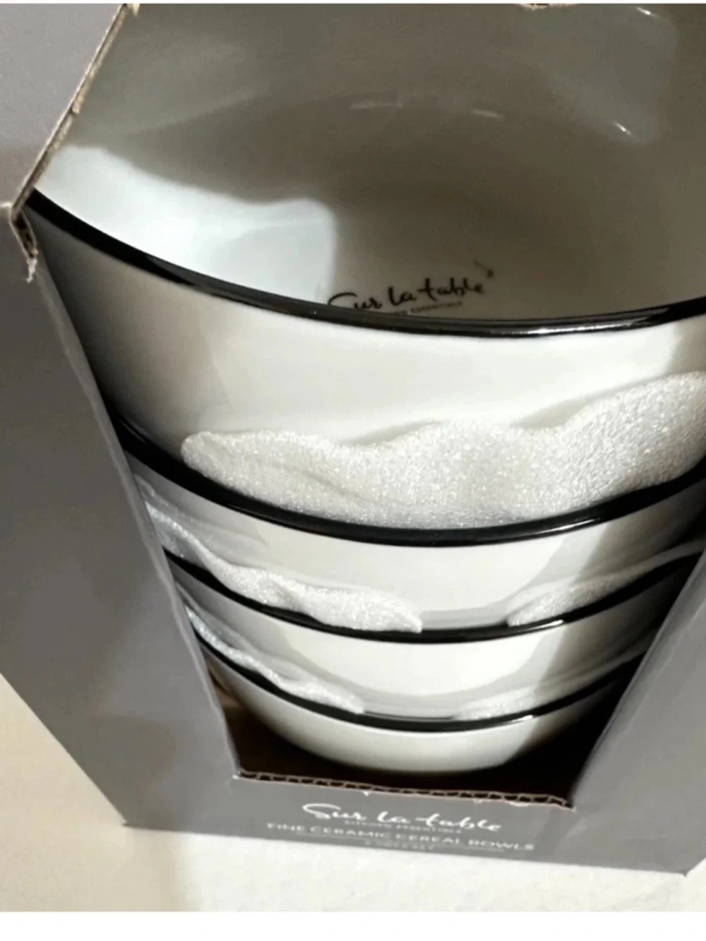 Sur La Table Fine Ceramic 5.75” Cereal Bowls White / Black Rim Set of 4 New